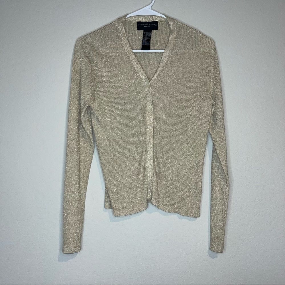 August Silk Petites Womans Small Metallic Beige Button up Cardigan Preppy